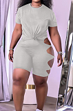 Grey Summer Short Sleeve Hollow Out Kink Shorts Sports Sets YYF8229-5