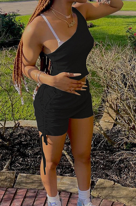 Black Sleeveless One Shoulder Drawshing Ruffle Fashion Two Piece AMX6035-1