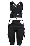 Black Women Pure Color Bandage Casaual Shorts Sets ED8501-1