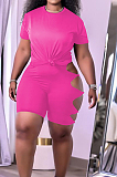 Rose Red Summer Short Sleeve Hollow Out Kink Shorts Sports Sets YYF8229-8