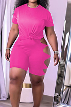 Rose Red Summer Short Sleeve Hollow Out Kink Shorts Sports Sets YYF8229-8