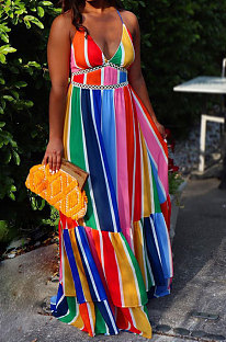 Euramerican Women Fashion Rainbow Stripe Printing Condole Belt Long Dress ED8502