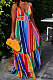 Euramerican Women Fashion Rainbow Stripe Printing Condole Belt Long Dress ED8502