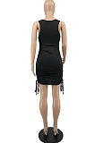 Black Casual Round Neck Sleeveless Drawsting Pure Color Stretch Slim Fit Dress YYF8230-1