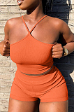 Orange Fashion Sexy Pure Color Halter Neck Backless Shorts Two Piece LYY9308-3