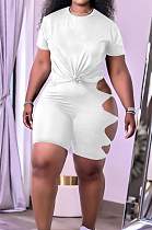 White Summer Short Sleeve Hollow Out Kink Shorts Sports Sets YYF8229-2
