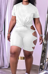 White Summer Short Sleeve Hollow Out Kink Shorts Sports Sets YYF8229-2