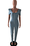 Light Blue Fashion Euramrican Jeans Slim Fit Puff Sleeve Jeans Jumpsuits JLX6086