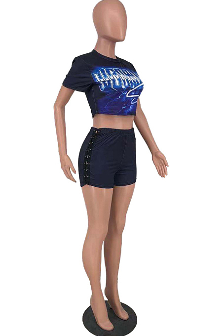 Black Blue Summer Fashion Casual Print Two Piece AMX60034