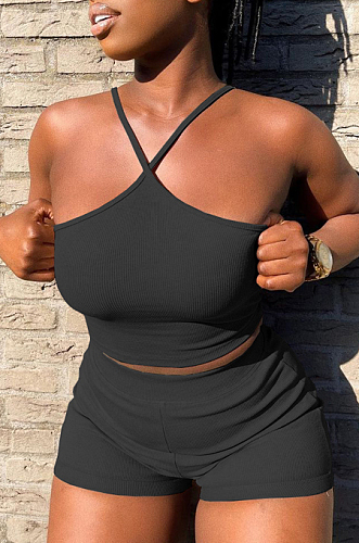 Black Fashion Sexy Pure Color Halter Neck Backless Shorts Two Piece LYY9308-1