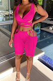 Rose Red Women Pure Color Bandage Casaual Shorts Sets ED8501-3