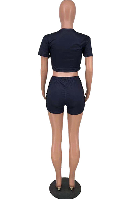 Black Blue Summer Fashion Casual Print Two Piece AMX60034