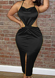 Black Euramerican Sexy Satin Bind Halter Neck Dew Waist High Open Fork Dress BN9285-3