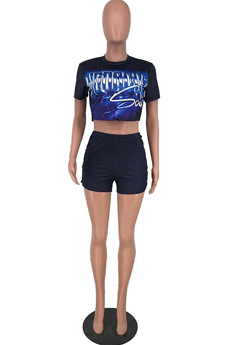 Black Blue Summer Fashion Casual Print Two Piece AMX60034