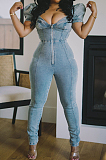 Light Blue Fashion Euramrican Jeans Slim Fit Puff Sleeve Jeans Jumpsuits JLX6086