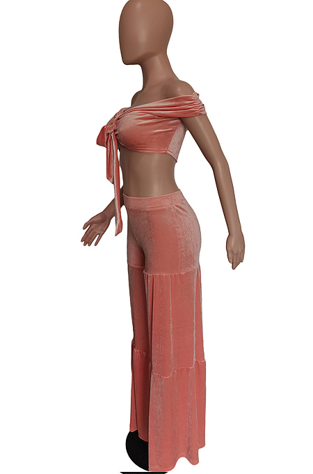 Pink Euramerican Korea Velvet Pure Color Wide Legged Pants Sets BBN177-3