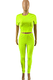 Neon Green Collect Waist Short Sleeve Long Pants Sports Sets DMM8170-2