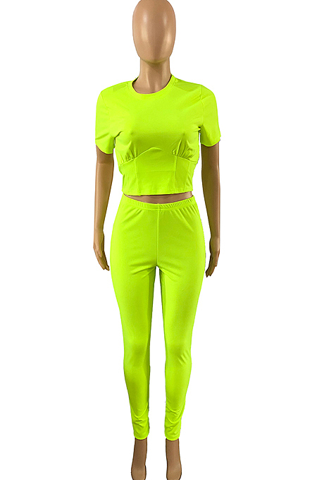 Neon Green Collect Waist Short Sleeve Long Pants Sports Sets DMM8170-2