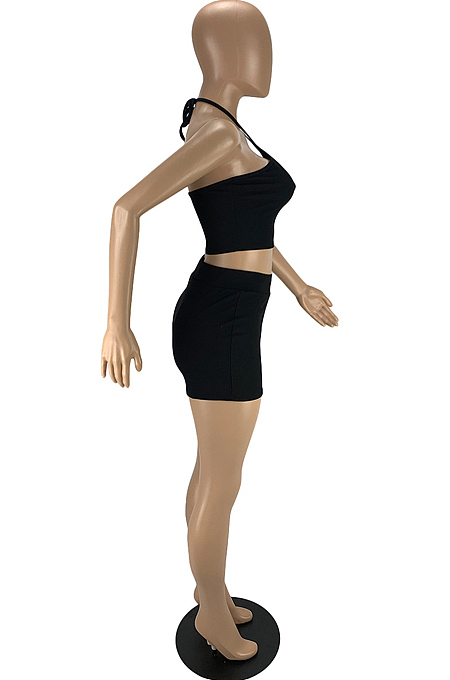 Black Fashion Sexy Pure Color Halter Neck Backless Shorts Two Piece LYY9308-1