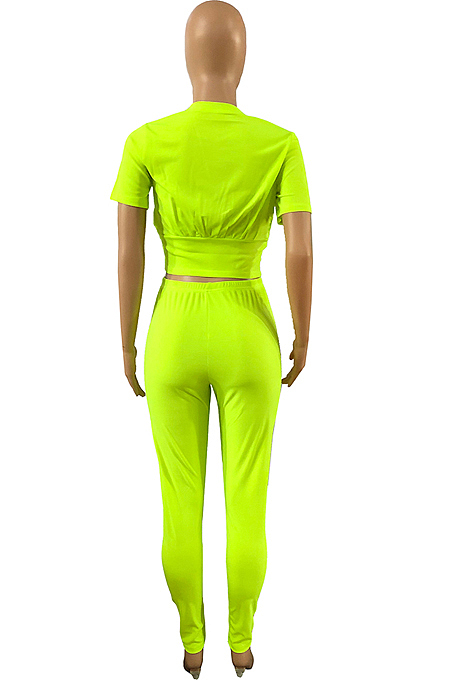 Neon Green Collect Waist Short Sleeve Long Pants Sports Sets DMM8170-2
