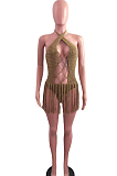 Brown Sexy Weaving Two Wear Short Tassel Beach Skirts QZ4345-4
