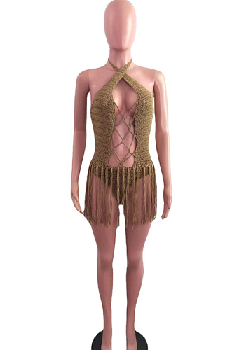 Brown Sexy Weaving Two Wear Short Tassel Beach Skirts QZ4345-4