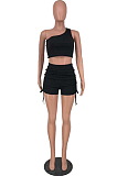 Black Sleeveless One Shoulder Drawshing Ruffle Fashion Two Piece AMX6035-1