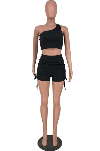 Black Sleeveless One Shoulder Drawshing Ruffle Fashion Two Piece AMX6035-1