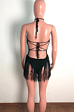 Black Sexy Weaving Two Wear Short Tassel Beach Skirts QZ4345-1