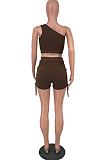 Coffee Sleeveless One Shoulder Drawshing Ruffle Fashion Two Piece AMX6035-3