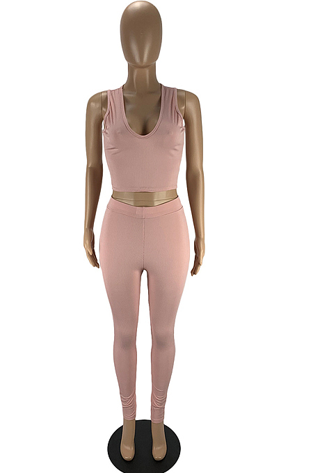 Pink Euramerican Pure Color Pit Bar Tank Long Pants Two Piece LYY9310-2
