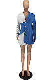 Blue White Summer Color Matching Buttons Shirts Dress AA5258-1