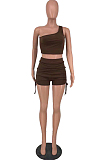 Coffee Sleeveless One Shoulder Drawshing Ruffle Fashion Two Piece AMX6035-3