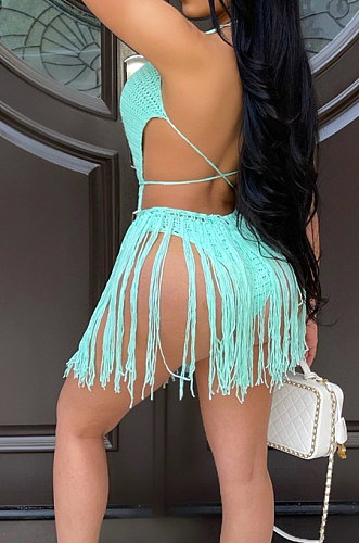 Green Sexy Weaving Two Wear Short Tassel Beach Skirts QZ4345-8