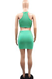 Women Round Neck Pure Color Sleeveless Casual Skirts Sets YMM09078