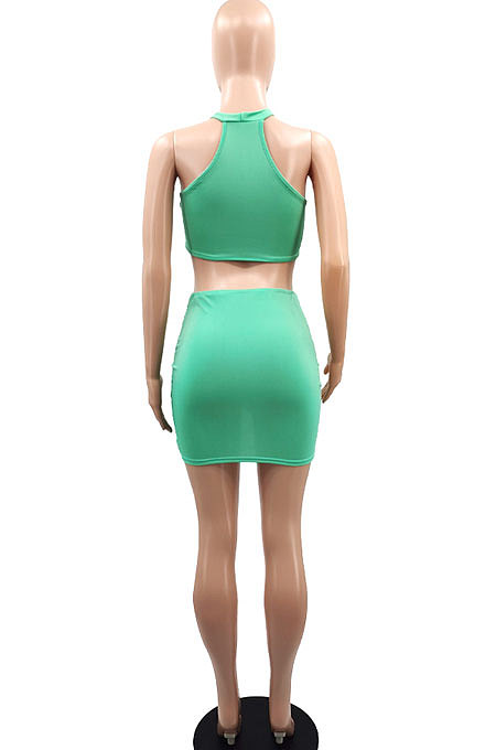Women Round Neck Pure Color Sleeveless Casual Skirts Sets YMM09078
