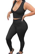 Black Euramerican Pure Color Pit Bar Tank Long Pants Two Piece LYY9310-1