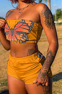Earth Yellow Fashion Casual Butterfly Print Boot Tube Top Shorts Two Piece JC7059-3
