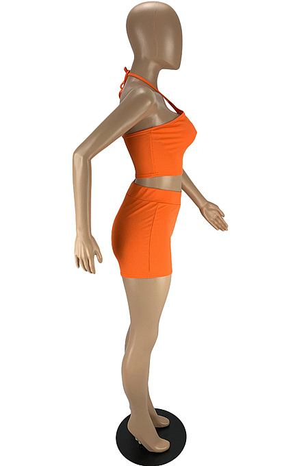 Orange Fashion Sexy Pure Color Halter Neck Backless Shorts Two Piece LYY9308-3
