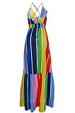 Euramerican Women Fashion Rainbow Stripe Printing Condole Belt Long Dress ED8502