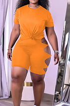 Orange Summer Short Sleeve Hollow Out Kink Shorts Sports Sets YYF8229-6