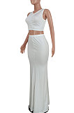 Women Pure Color Sleeveless Shirred Detail Top Fishtail Skirt Sets ED8505
