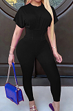 Black Collect Waist Short Sleeve Long Pants Sports Sets DMM8170-1