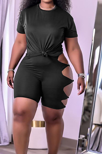 Black Summer Short Sleeve Hollow Out Kink Shorts Sports Sets YYF8229-1