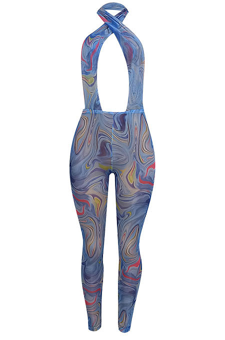Euramerican Women Net Yarn Printing Sexy Halter Neck Bodycon Jumpsuits ED8507