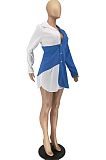 Blue White Summer Color Matching Buttons Shirts Dress AA5258-1