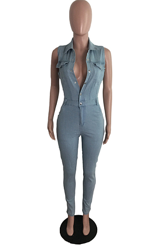 Light Blue Fashion Jeans Slim Fit Sleeveless Bondycon Jumpsuits JLX6085-1