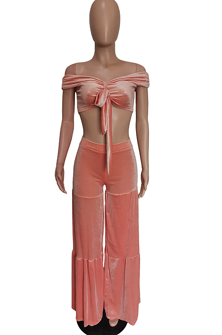 Pink Euramerican Korea Velvet Pure Color Wide Legged Pants Sets BBN177-3