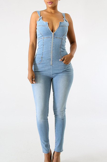 Light Blue Jeans Slim Fit Halter Neck Zipper Jumpsuits QZ3104