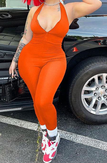 Euramerican Women Zipper Pure Color Sexy Casual Sport Bodycon Jumpsuits YMM09080